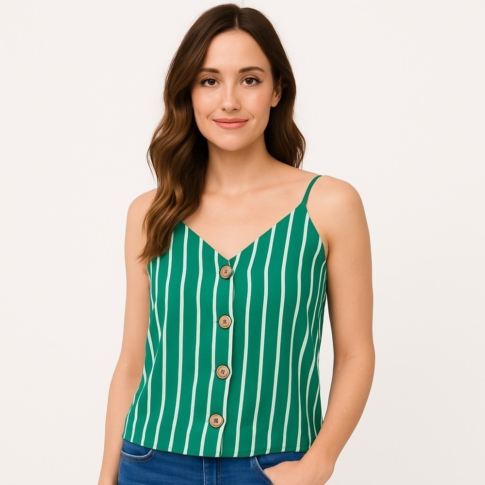 Mango MNG Casual Green Striped Button Tank Size XS